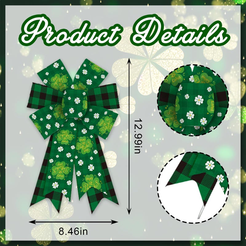 Heureppy 2 Pack Irish St. Patrick's Day Burlap Linen Wreath Bows, Green Plaid Clover Shamrock Decor for Front Door, Tree Topper, Indoor Outdoor Use - Image 2