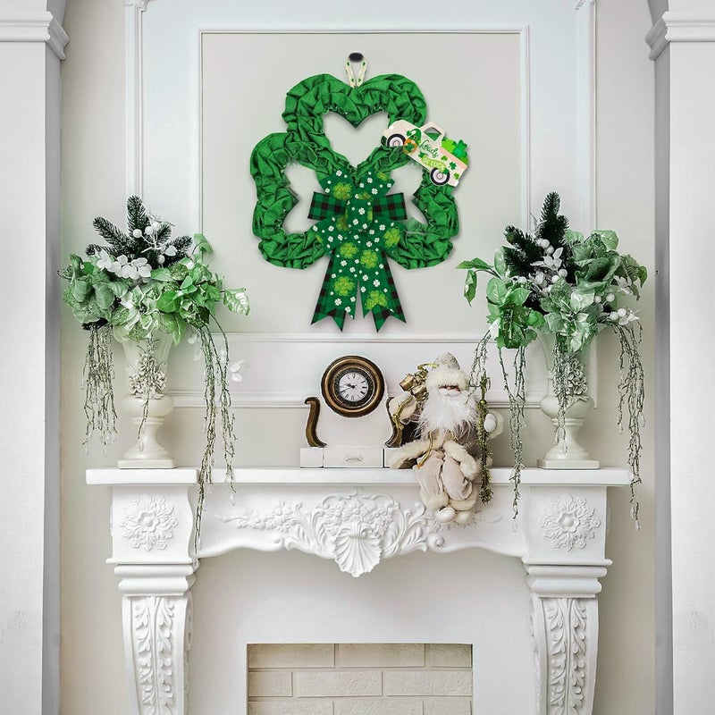 Heureppy 2 Pack Irish St. Patrick's Day Burlap Linen Wreath Bows, Green Plaid Clover Shamrock Decor for Front Door, Tree Topper, Indoor Outdoor Use - Image 3