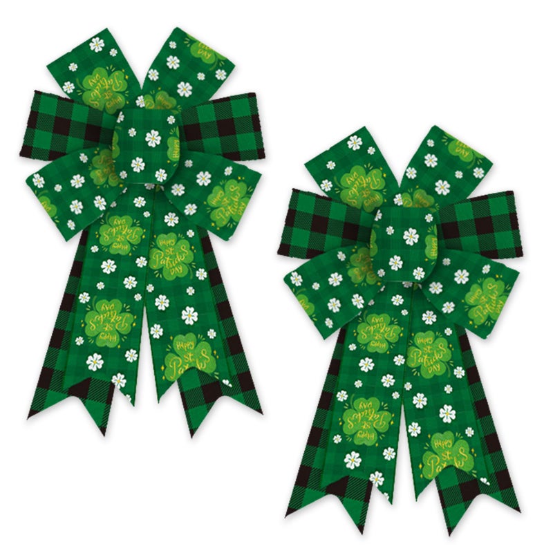 Heureppy 2 Pack Irish St. Patrick's Day Burlap Linen Wreath Bows, Green Plaid Clover Shamrock Decor for Front Door, Tree Topper, Indoor Outdoor Use - Image 1