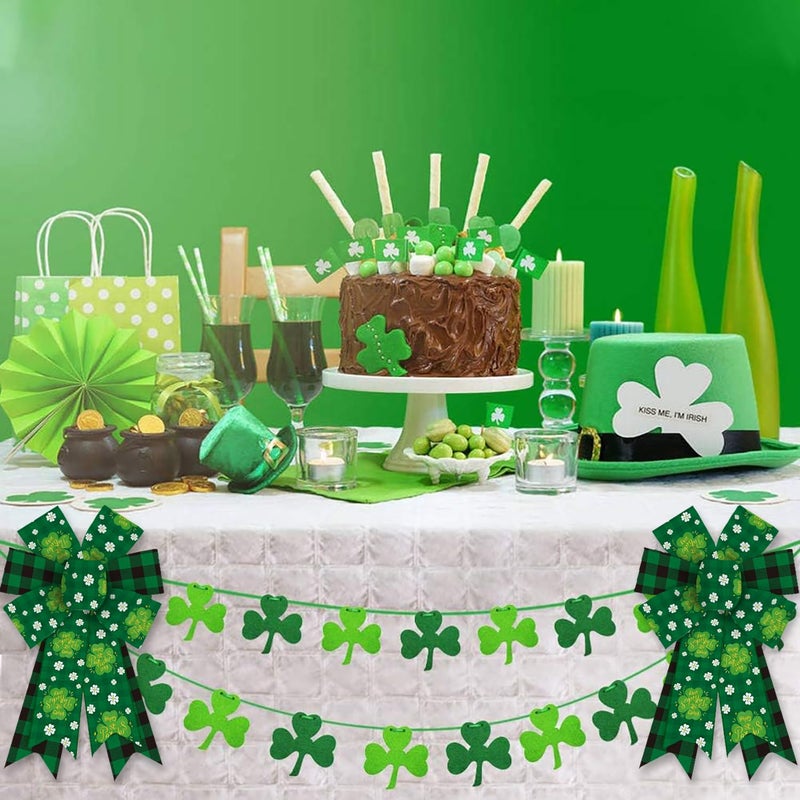 Heureppy 2 Pack Irish St. Patrick's Day Burlap Linen Wreath Bows, Green Plaid Clover Shamrock Decor for Front Door, Tree Topper, Indoor Outdoor Use - Image 4
