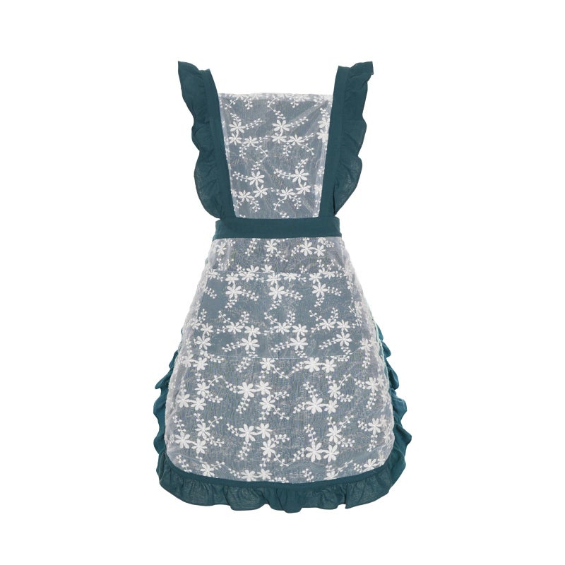 Pinknoke Vintage Pinafore Apron Dress for Women with Pockets Cute Floral Chef Aprons for Kitchen Cooking Baking Gardening (Ocean Blue) - Image 1