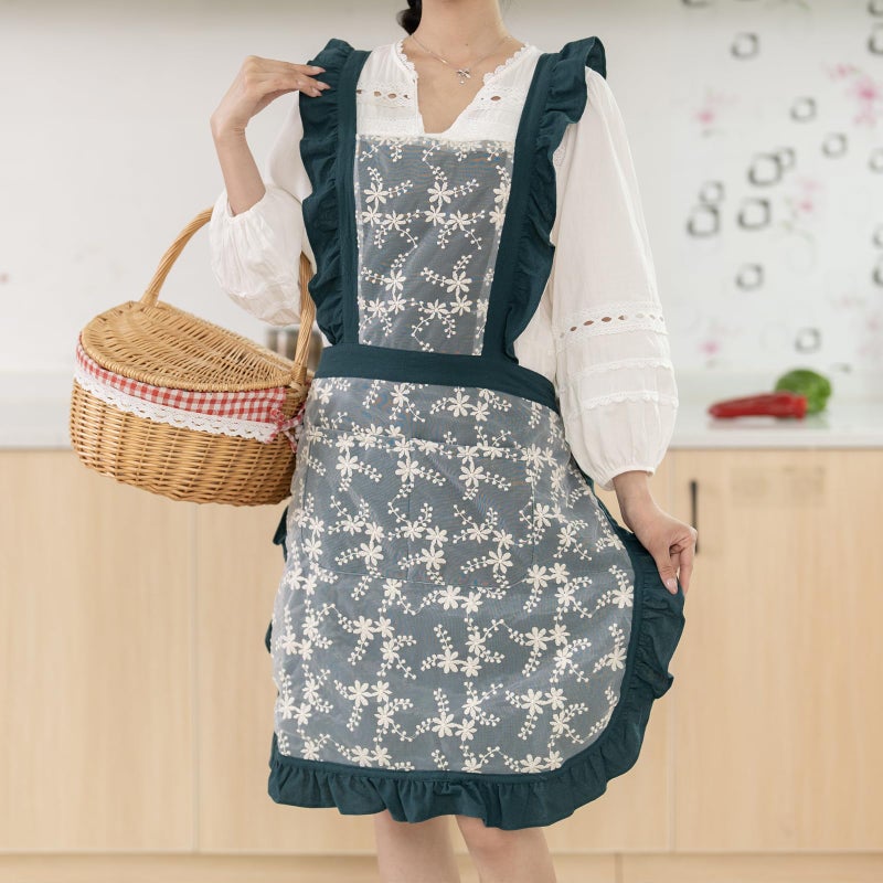 Pinknoke Vintage Pinafore Apron Dress for Women with Pockets Cute Floral Chef Aprons for Kitchen Cooking Baking Gardening (Ocean Blue) - Image 2