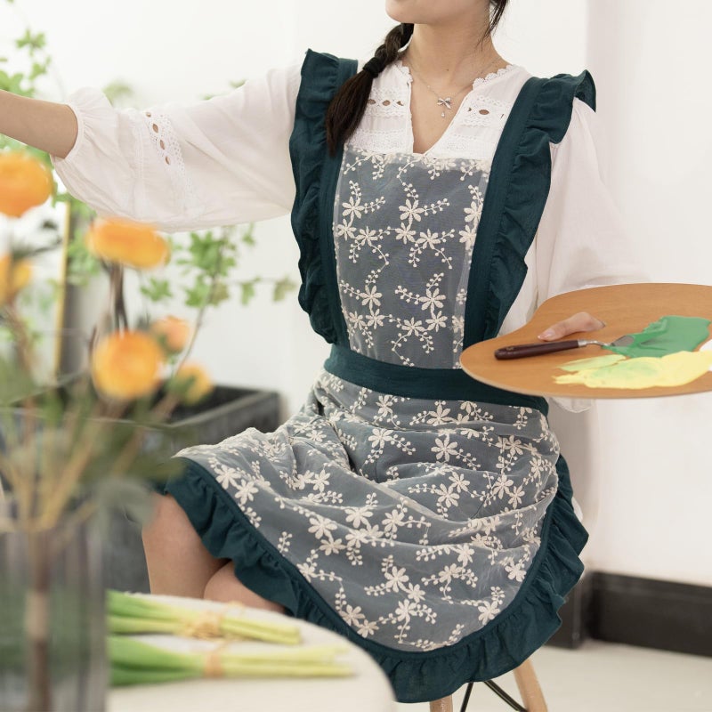 Pinknoke Vintage Pinafore Apron Dress for Women with Pockets Cute Floral Chef Aprons for Kitchen Cooking Baking Gardening (Ocean Blue) - Image 3