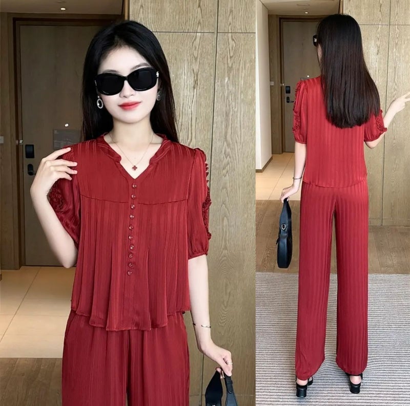 Middle-Aged Mom''s Short-Sleeve Summer Tummy-Covering Outfit, Fashionable Casual Wide-Leg Pants Set, Stylish and Age-Reducing Two-Piece Set - Image 4