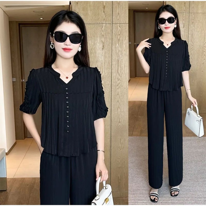 Middle-Aged Mom''s Short-Sleeve Summer Tummy-Covering Outfit, Fashionable Casual Wide-Leg Pants Set, Stylish and Age-Reducing Two-Piece Set - Image 3