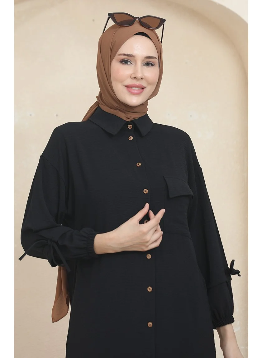Sefa Merve Pocket Buttoned Tunic Trousers Two Piece Suit 1007-01 Black