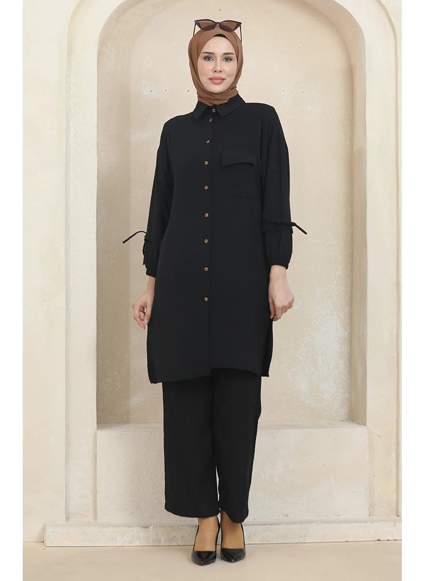 Sefa Merve Pocket Buttoned Tunic Trousers Two Piece Suit 1007-01 Black