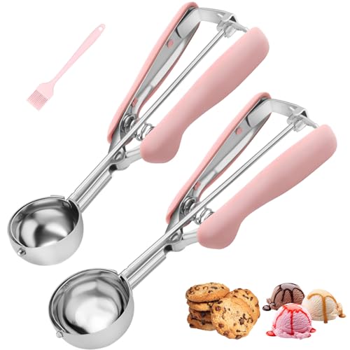 JETONN Cookie Scoops for Baking Set of 2, Pink Handle 18/8 Stainless Steel Ice Cream Scoop Set with Ergonomic Soft Grip, Spring Trigger Release Cookie Dough Scooper for Cupcakes, Muffins, Meatballs, Melon - Image 1