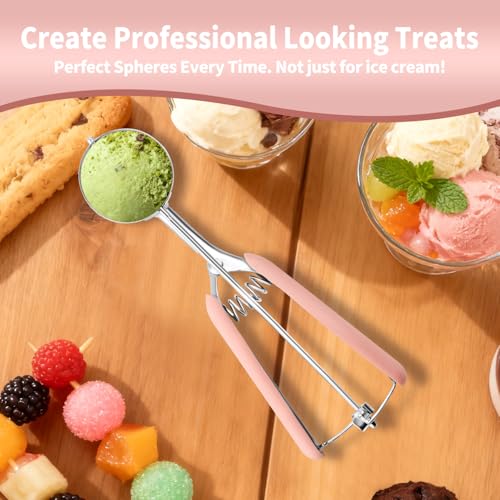 JETONN Cookie Scoops for Baking Set of 2, Pink Handle 18/8 Stainless Steel Ice Cream Scoop Set with Ergonomic Soft Grip, Spring Trigger Release Cookie Dough Scooper for Cupcakes, Muffins, Meatballs, Melon - Image 3