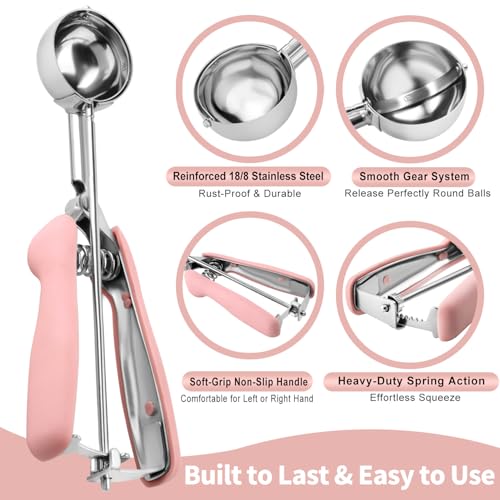 JETONN Cookie Scoops for Baking Set of 2, Pink Handle 18/8 Stainless Steel Ice Cream Scoop Set with Ergonomic Soft Grip, Spring Trigger Release Cookie Dough Scooper for Cupcakes, Muffins, Meatballs, Melon - Image 2