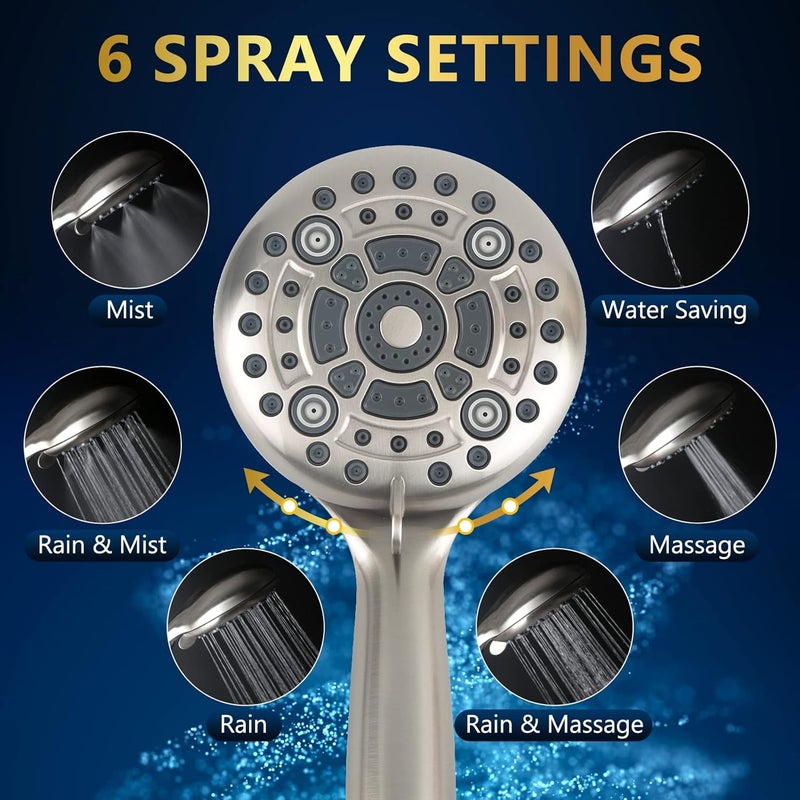 DAKINGS 6 Spray Modes High Pressure Handheld Showerhead Set Upgraded 5 Inches Shower Head with Handheld Spray Brushed Nickel Handheld Shower Head 60 Inches Stainless Steel Hose-1-Min Install - Image 2