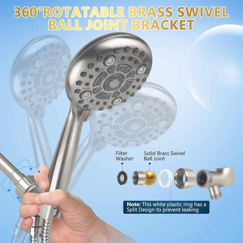 DAKINGS 6 Spray Modes High Pressure Handheld Showerhead Set Upgraded 5 Inches Shower Head with Handheld Spray Brushed Nickel Handheld Shower Head 60 Inches Stainless Steel Hose-1-Min Install - Image 5