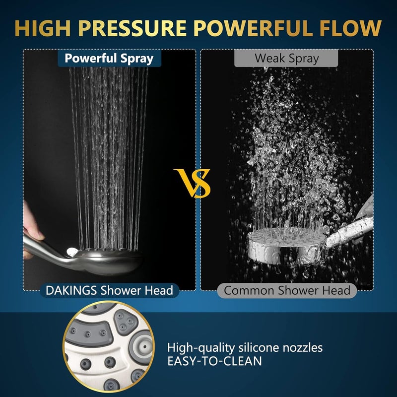DAKINGS 6 Spray Modes High Pressure Handheld Showerhead Set Upgraded 5 Inches Shower Head with Handheld Spray Brushed Nickel Handheld Shower Head 60 Inches Stainless Steel Hose-1-Min Install - Image 3