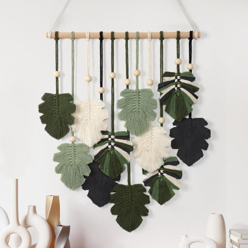 KHOYIME Macrame Wall Hanging Boho Home Decor, Bohemian Leaves Woven Yarn Tapestry Chic Aesthetic Wall Art Modern Handmade Leaf Hanging Decoration for Bedroom Living Room Nursery Office 15.7''W x 20''L - Image 1