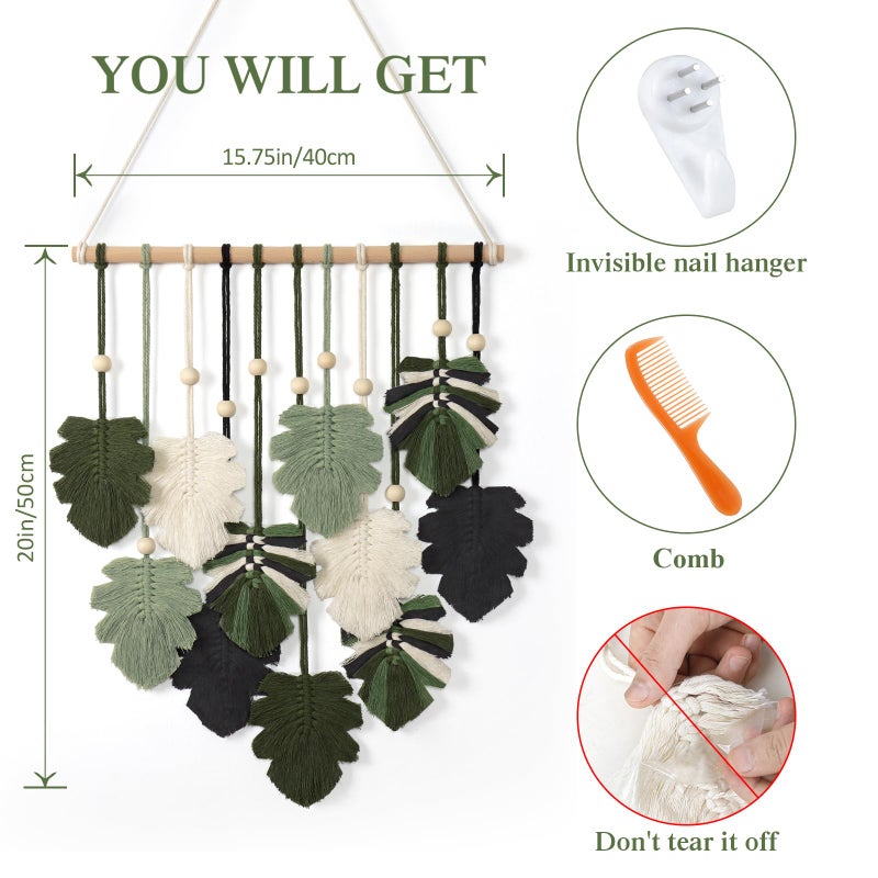 KHOYIME Macrame Wall Hanging Boho Home Decor, Bohemian Leaves Woven Yarn Tapestry Chic Aesthetic Wall Art Modern Handmade Leaf Hanging Decoration for Bedroom Living Room Nursery Office 15.7''W x 20''L - Image 2