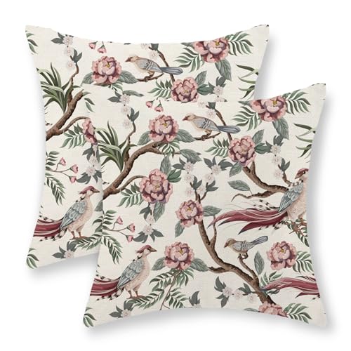GOLIANDA Chinoiserie Pillow Covers 18x18 Set of 2 Pink Green Bird Floral Throw Pillows Vintage Pink Flower Bird Decorative Pillow Cases Chinoiserie Decor Farmhouse Outdoor Cushion Case for Couch Sofa - Image 1