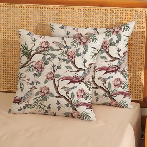 GOLIANDA Chinoiserie Pillow Covers 18x18 Set of 2 Pink Green Bird Floral Throw Pillows Vintage Pink Flower Bird Decorative Pillow Cases Chinoiserie Decor Farmhouse Outdoor Cushion Case for Couch Sofa - Image 2