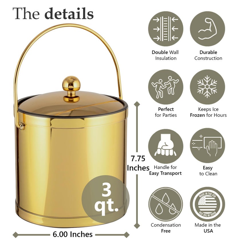 Kraftware Mylar Ice Bucket Polished Brass Color with Metal Lid, Double Wall Construction, Made in U.S.A. - Image 4