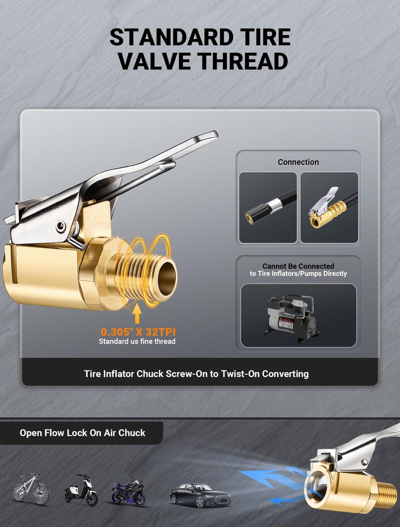 LUMITECO Brass Locking Tire Air Chuck, Tire Inflator Hose Adapter for Twist On Connection Convert to Lock On, No Air Leakage Air Compressor Pump Clip On Tire Chucks, Tire Nozzle with Tire Valve Thread - Image 2
