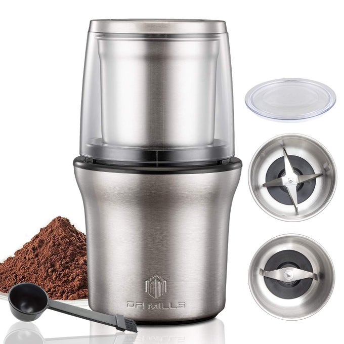DM7412M STAINLESS STEEL ELECTRIC DRIED SPICE AND COFFEE GRINDER2 IN 1 WET AND DRY REMOVABLE CUPS DISHWASHER SAFE
