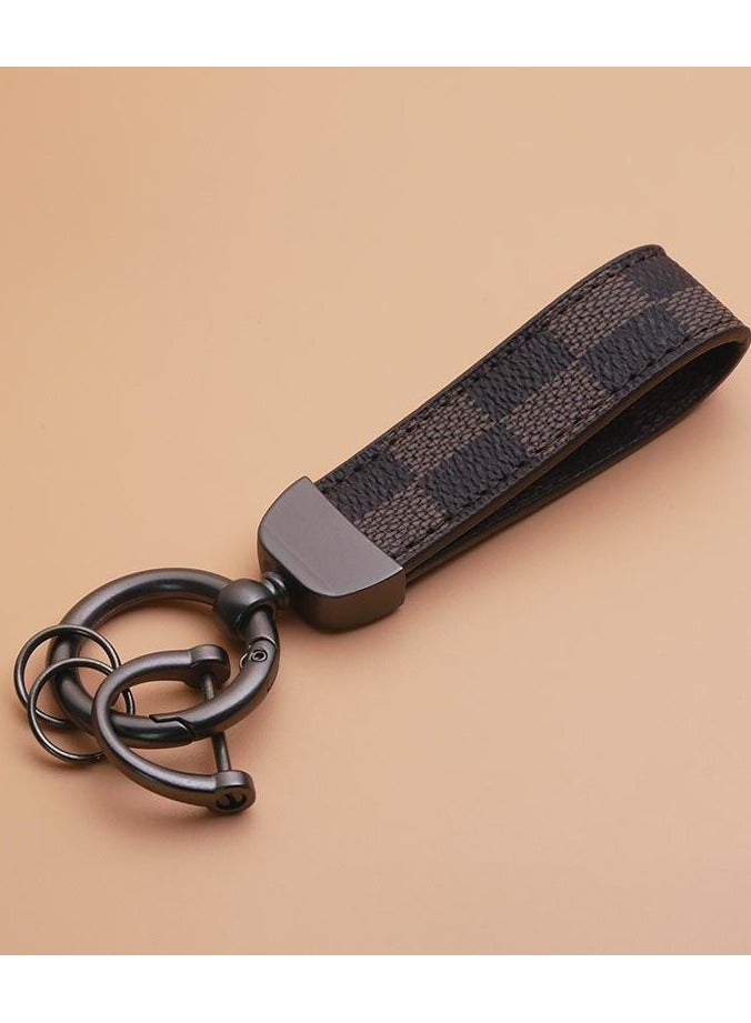 Brown Plaid PU Leather Car Keychain – Metal Zinc Alloy 360° Rotating Ring, Universal Wrist Strap Key Holder for Car/Home/Bag, Keychain with Screwdriver – Classic Check Design - Image 1