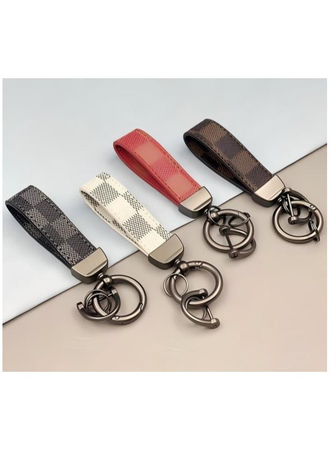Brown Plaid PU Leather Car Keychain – Metal Zinc Alloy 360° Rotating Ring, Universal Wrist Strap Key Holder for Car/Home/Bag, Keychain with Screwdriver – Classic Check Design - Image 2