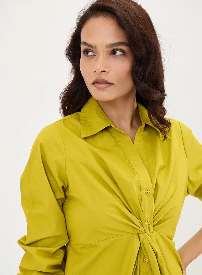 Femmella Citrine Green Poplin Knot Detail Midi Dress
