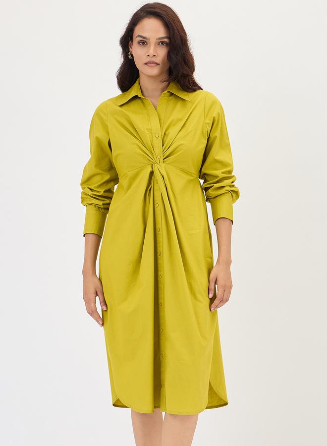 Femmella Citrine Green Poplin Knot Detail Midi Dress - Image 1