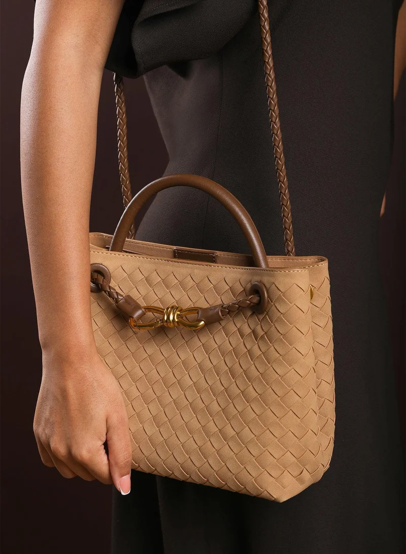 Where's That From  Luna Woven Leather Tote Bag With Gold Detail for Women | Best Price UAE