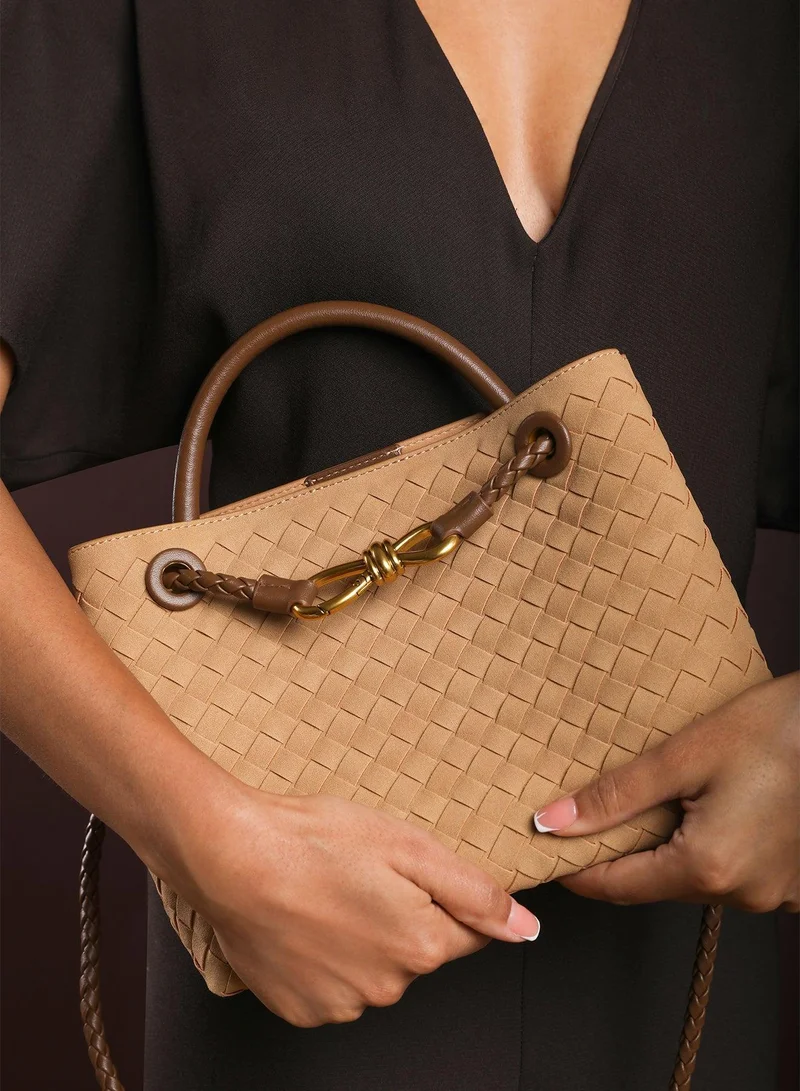 Where's That From Luna Woven Leather Tote Bag With Gold Detail