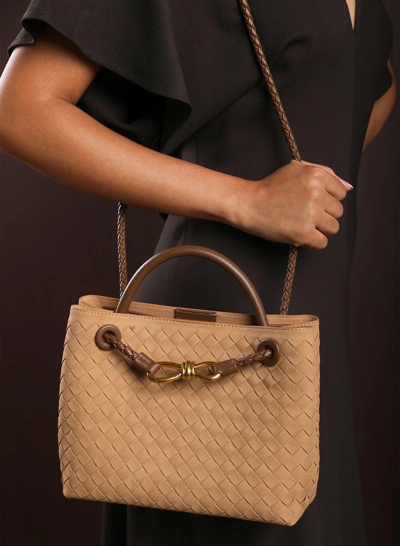 Where's That From Luna Woven Leather Tote Bag With Gold Detail