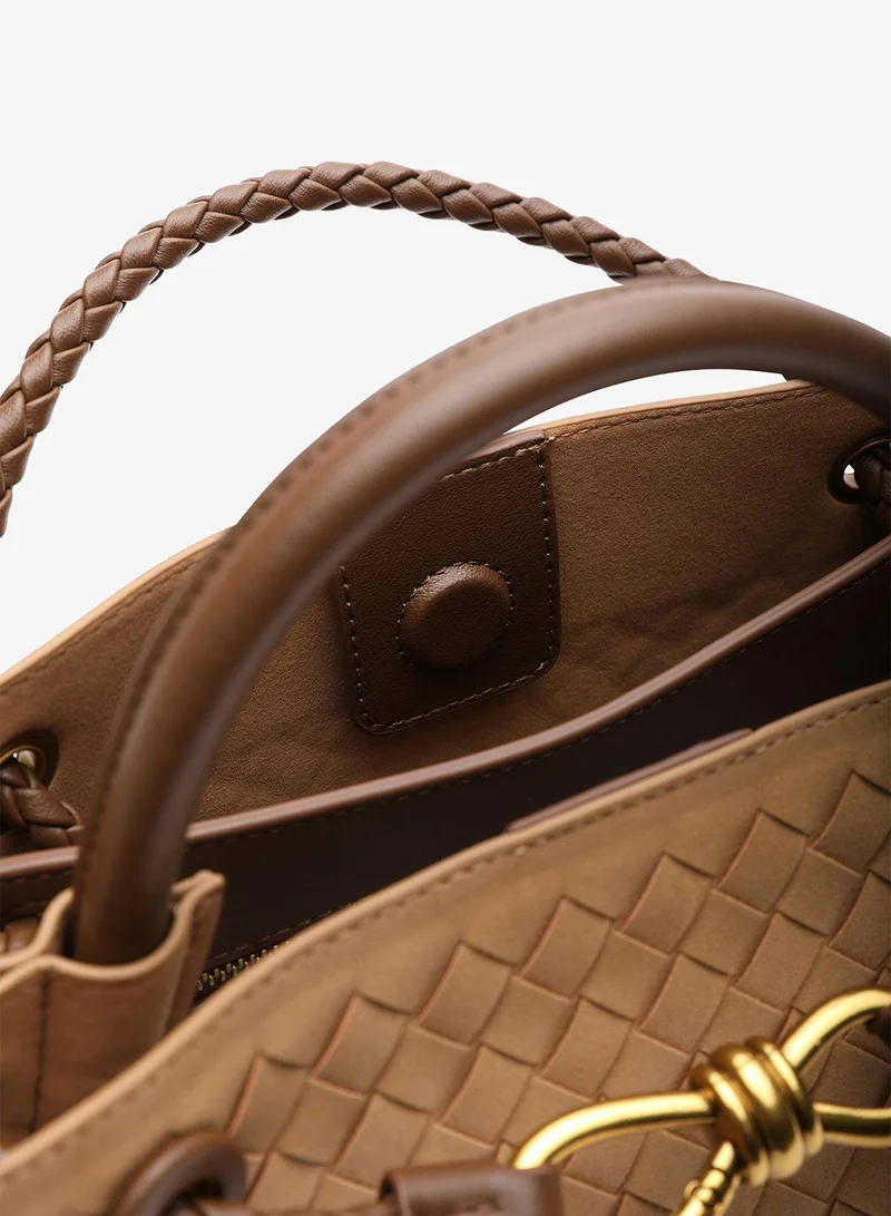 Where's That From  Luna Woven Leather Tote Bag With Gold Detail for Women | Best Price UAE