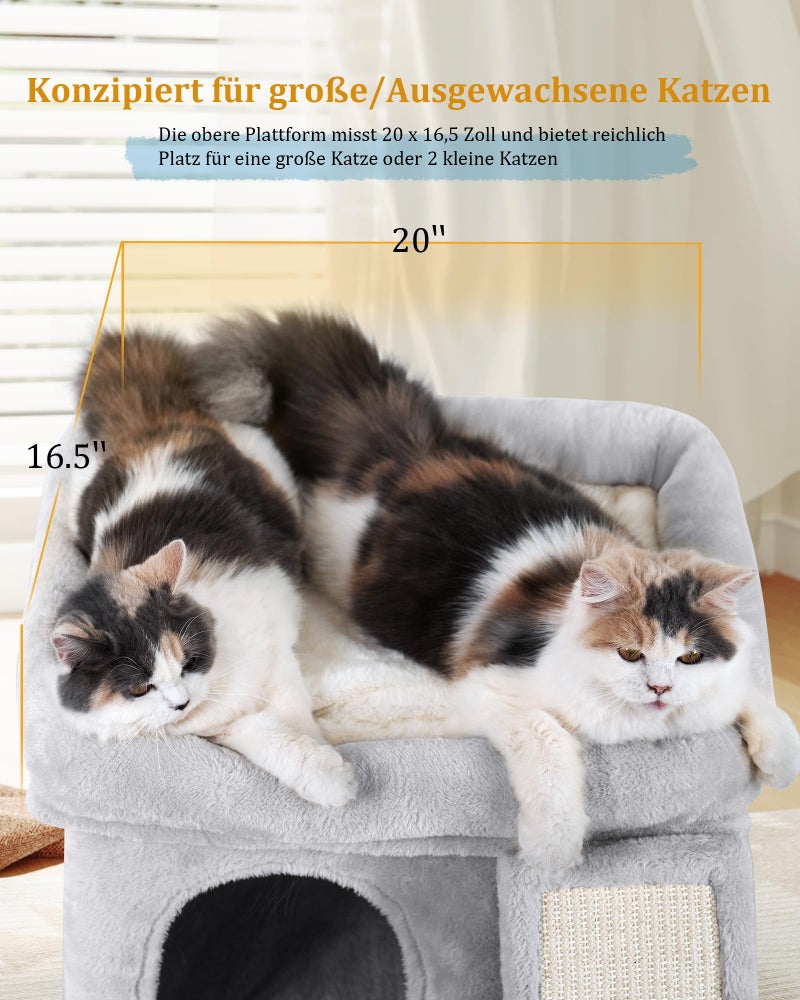 Aechonow Cat Tree Tower for Large Cat, Cat Bed House with Large Perch for Adult Cats, 20 * 16.5 Inch Big Platform for Indoor with Super Cozy Mat, Large Condo with Scratching Post, Light Gray - Image 2
