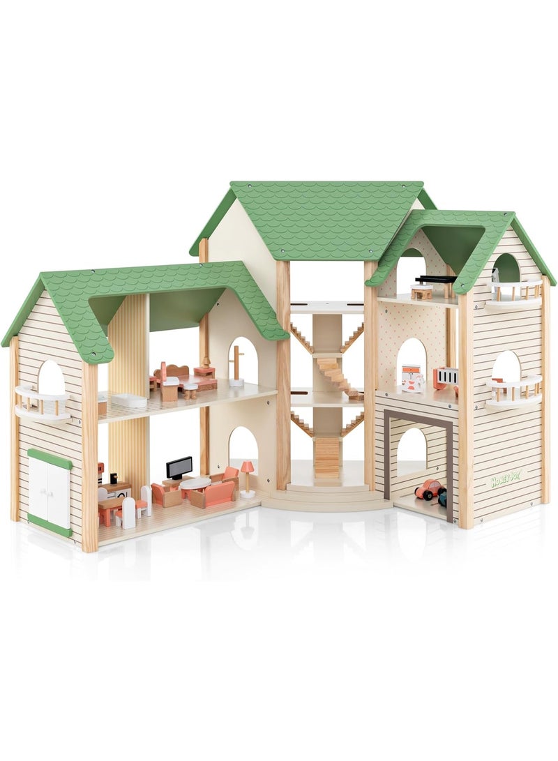 Factory Price Factory Price Parice 3 Level Wooden Doll House Villa Pretand Play Set with Miniature Furnitures - B  - Image 1