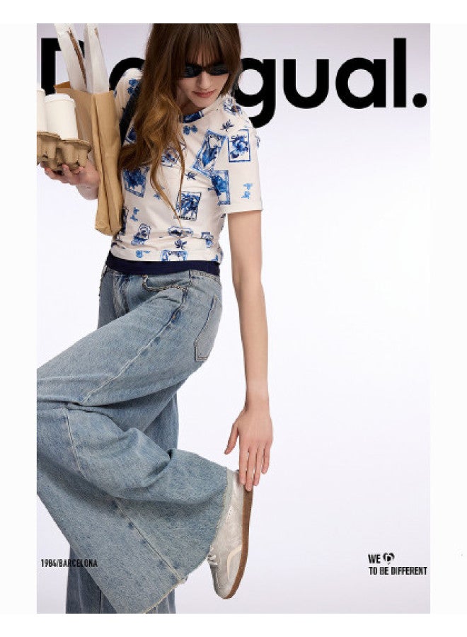 DESIGUAL spanish Luxury Fashion Women's Wide-leg Double-layered Pleated Jeans - Image 1