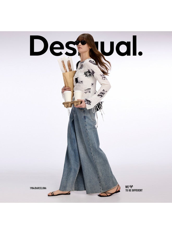 DESIGUAL spanish Luxury Fashion Women's Wide-leg Double-layered Pleated Jeans - Image 4