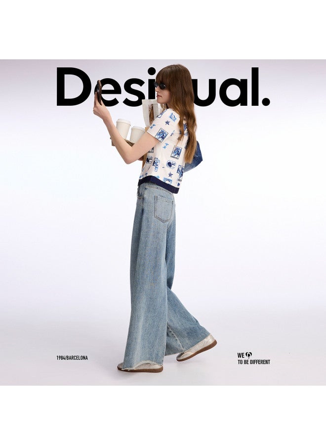 DESIGUAL spanish Luxury Fashion Women's Wide-leg Double-layered Pleated Jeans - Image 3