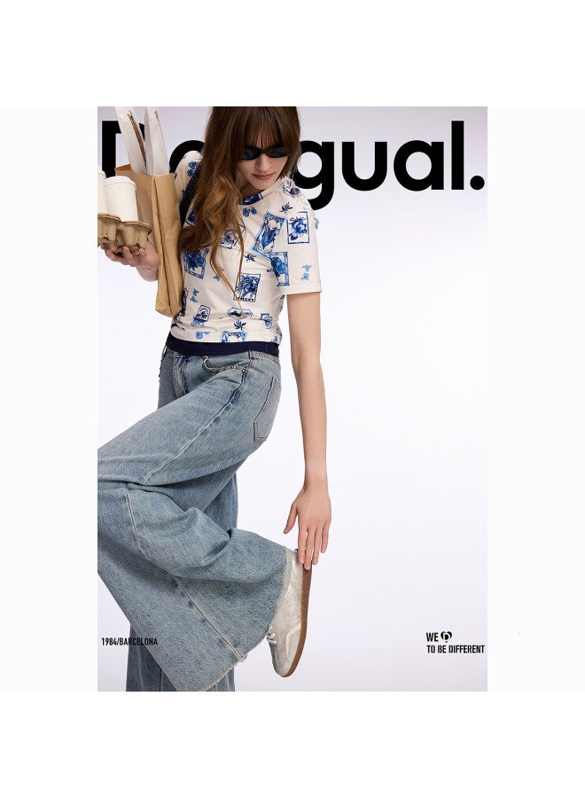 DESIGUAL spanish Luxury Fashion Women's Wide-leg Double-layered Pleated Jeans - Image 2