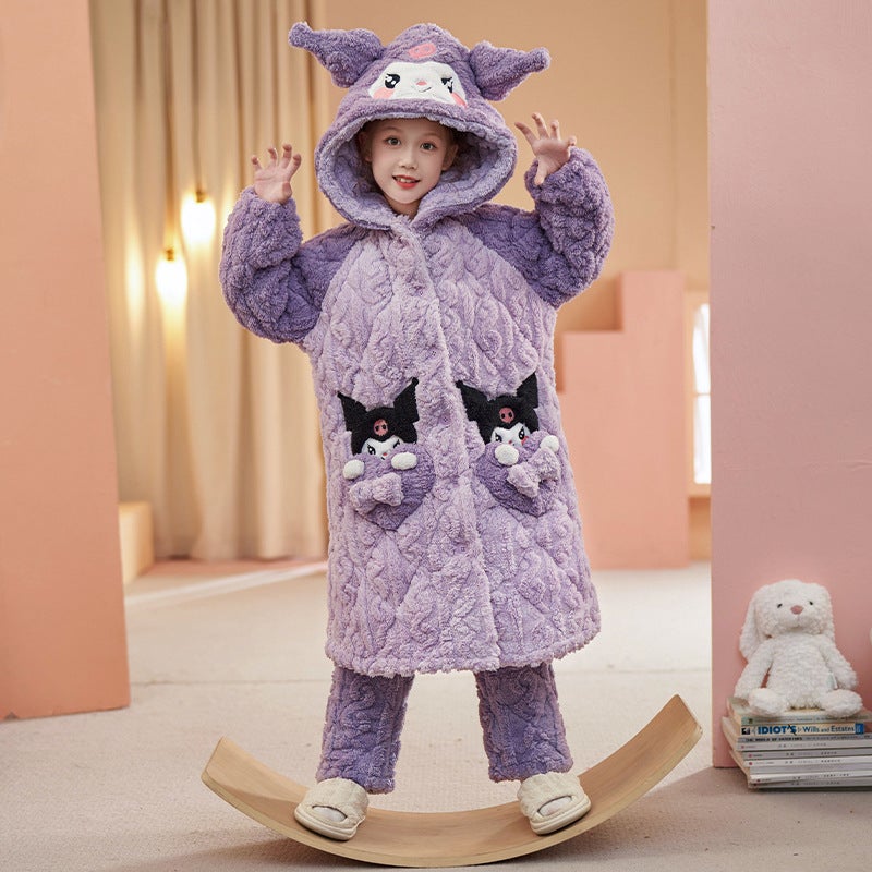 Girls' Pajamas For , Fleece-Lined And Thickened, Coral Fleece Children'S Three-Layer Quilted Bathrobe, Long Bathrobe For Older Girls - Image 1
