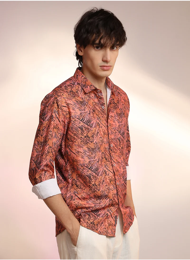 كامبوس سوترا Men's Sienna Brown Animal Print Shirt