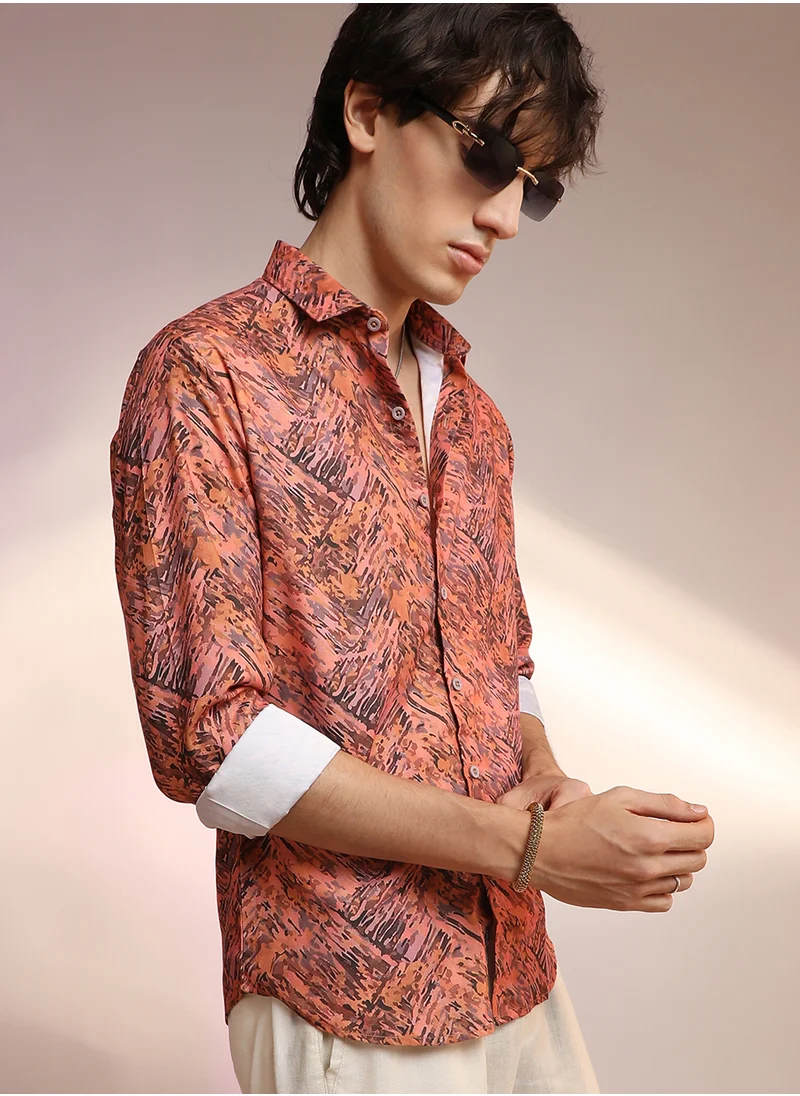 كامبوس سوترا Men's Sienna Brown Animal Print Shirt