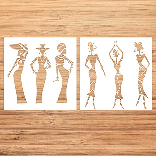CIEMODA 2 Pack Tribal Stencils African Lady Stencils Reuseable Stencil Templates for Painting on Paper,Wood,Tile,Canvas,Floor and Wall Decor - Image 1