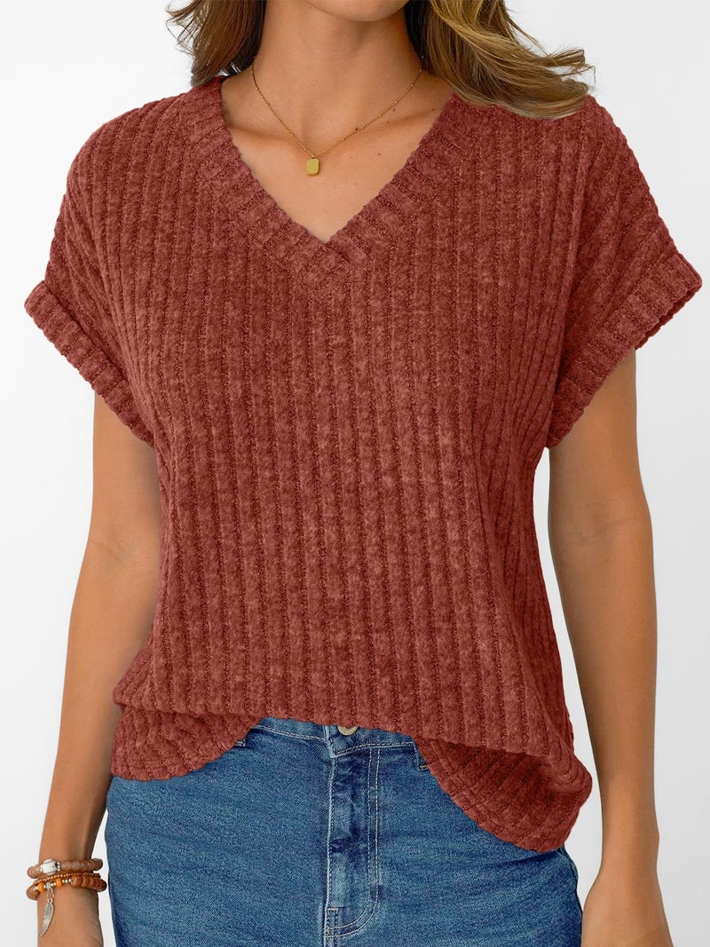 AUTOMET Women Tops Spring Vacation Summer Sweaters Short Sleeve Shirts 2026 Fashion Dressy Casual Business V Neck Blouses Brown L - Image 2