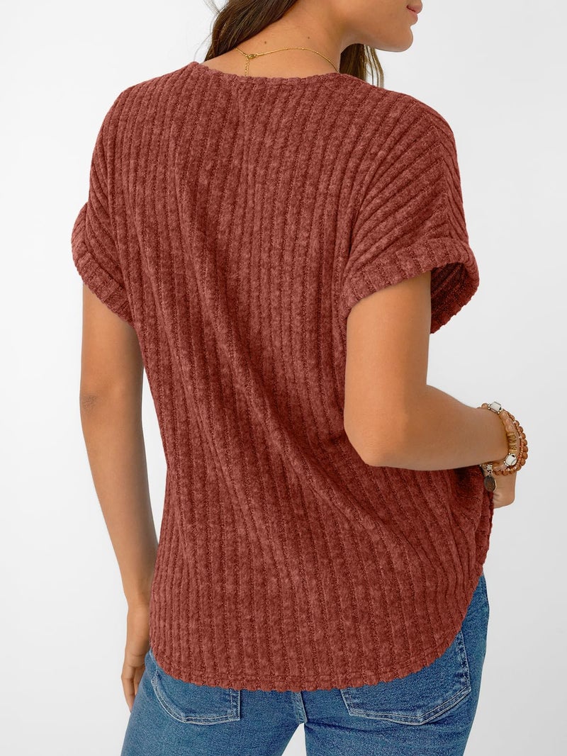 AUTOMET Women Tops Spring Vacation Summer Sweaters Short Sleeve Shirts 2026 Fashion Dressy Casual Business V Neck Blouses Brown L - Image 3