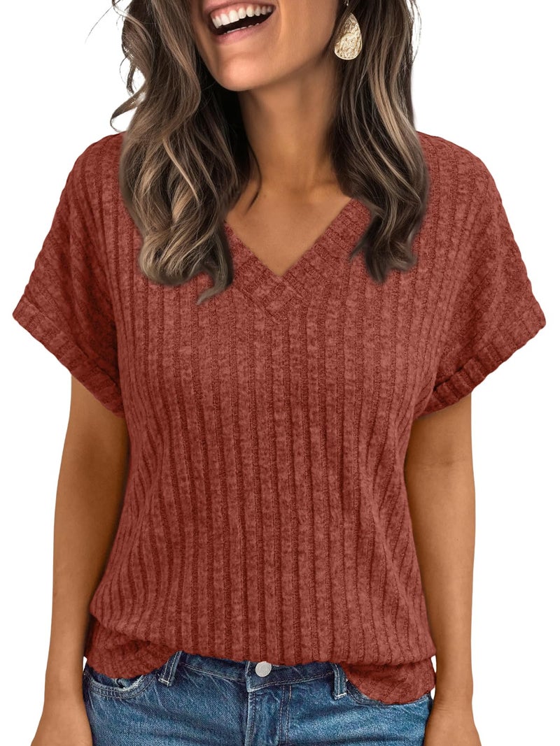 AUTOMET Women Tops Spring Vacation Summer Sweaters Short Sleeve Shirts 2026 Fashion Dressy Casual Business V Neck Blouses Brown L - Image 1