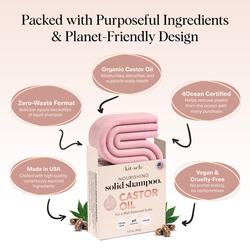 Kitsch Castor Oil Shampoo Bar Soap - Hydrating & Moisturizing Hair Care - Organic Castor Oil Solid Shampoo for Hair Growth & Scalp Nourishment - Silicone & Paraben-Free, Vegan, Made in USA - 3.2oz - Image 4