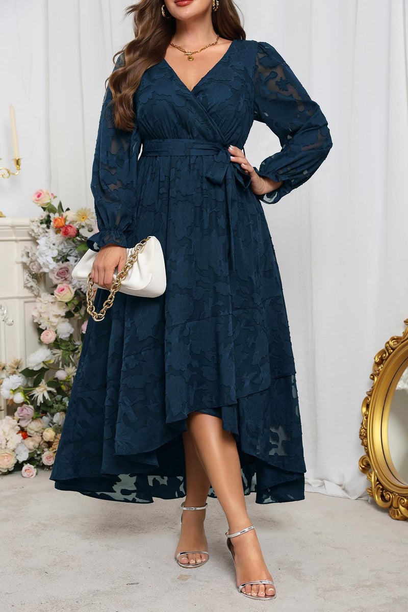 Talisea Navy Blue Dress Women Plus Size Wedding Guest Cocktail Fall Semi Formal Floral Long Sleeve Wrap High Low Maxi Dresses - Image 3