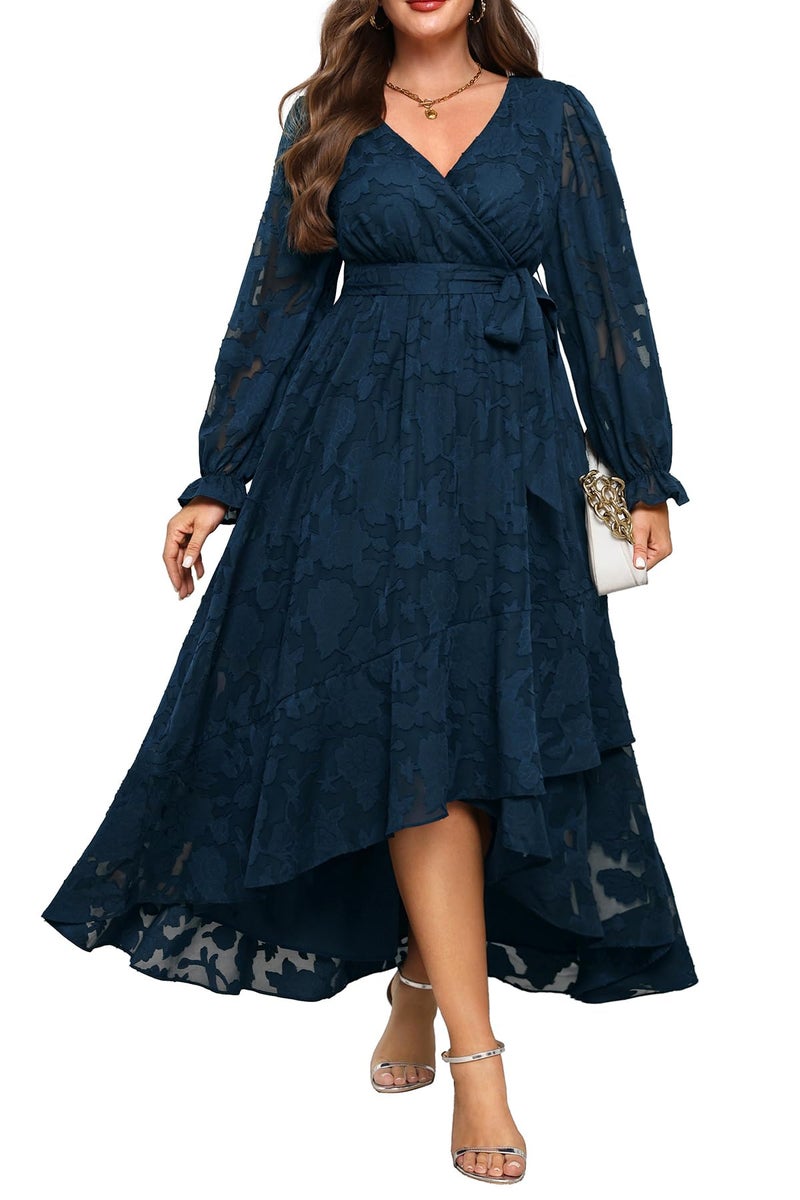 Talisea Navy Blue Dress Women Plus Size Wedding Guest Cocktail Fall Semi Formal Floral Long Sleeve Wrap High Low Maxi Dresses - Image 1