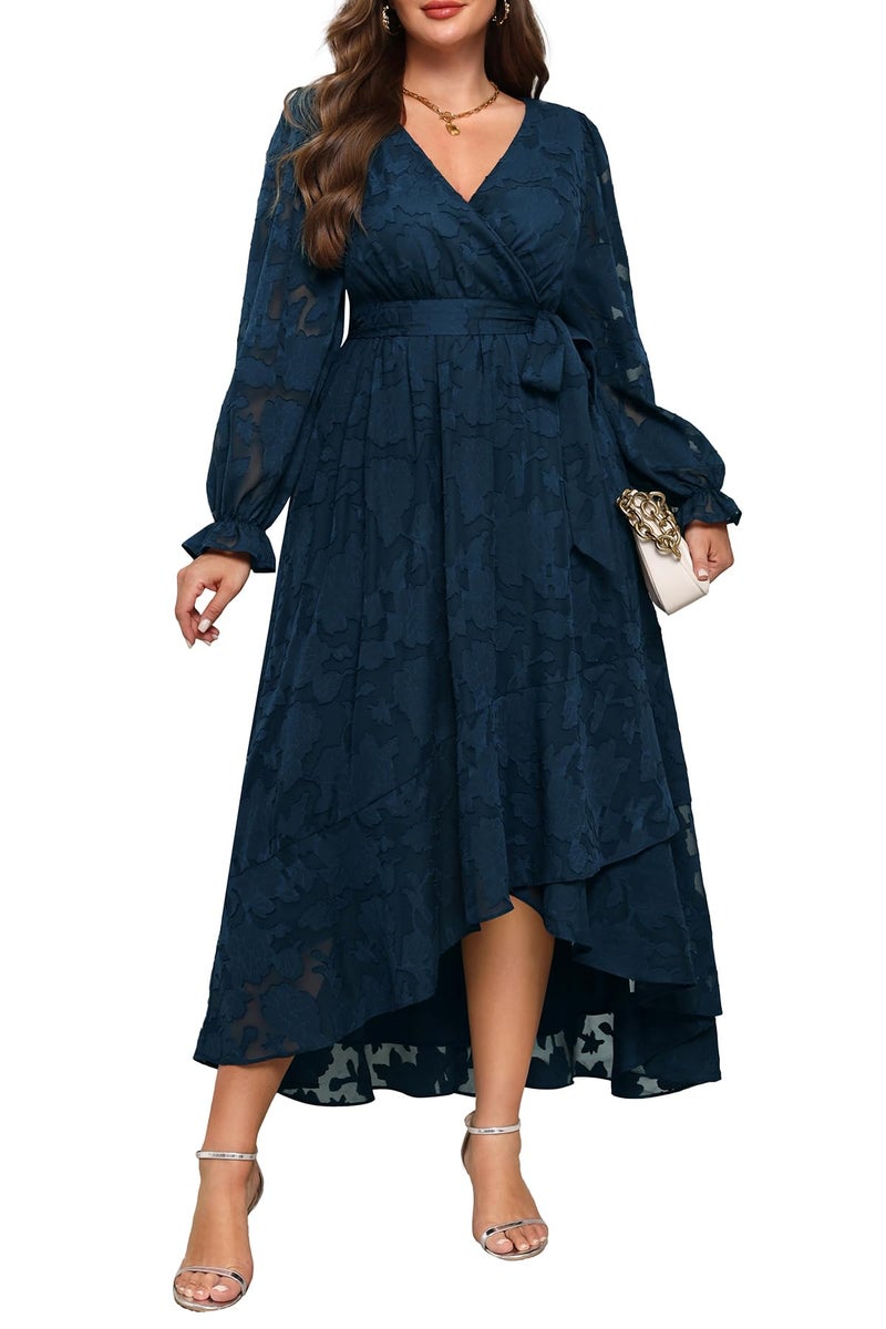 Talisea Navy Blue Dress Women Plus Size Wedding Guest Cocktail Fall Semi Formal Floral Long Sleeve Wrap High Low Maxi Dresses - Image 2