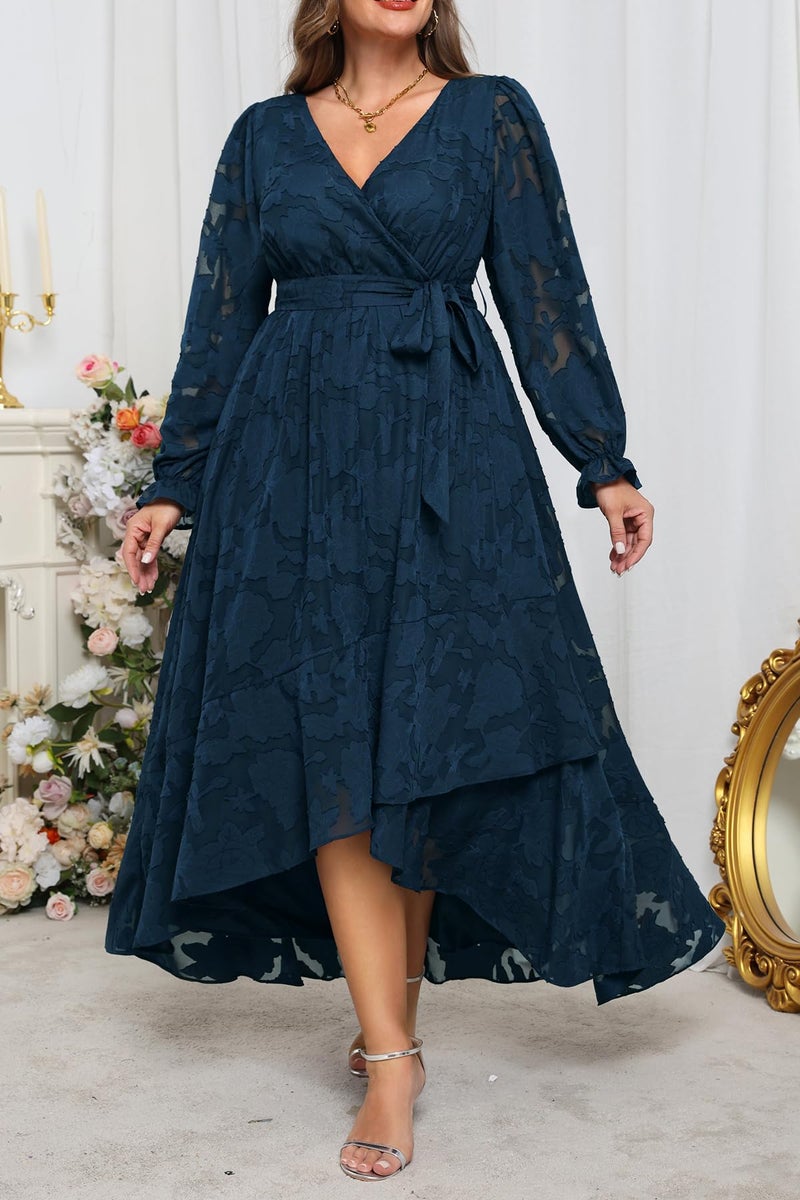 Talisea Navy Blue Dress Women Plus Size Wedding Guest Cocktail Fall Semi Formal Floral Long Sleeve Wrap High Low Maxi Dresses - Image 5